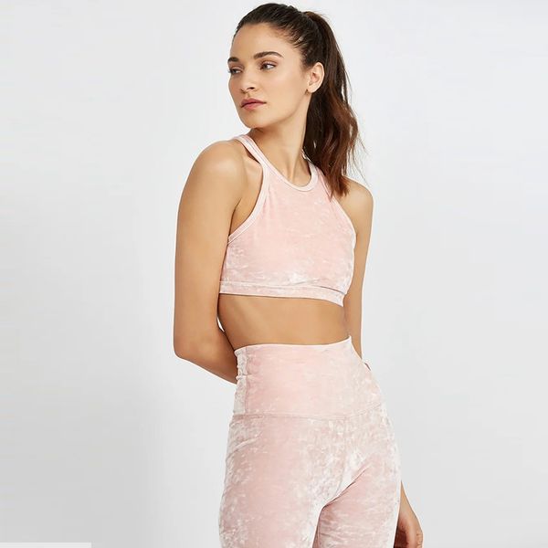 

pink velvet yoga set halter crop sleeveless yoga suits running workout fitness gym wear tight training sports wear, White;red