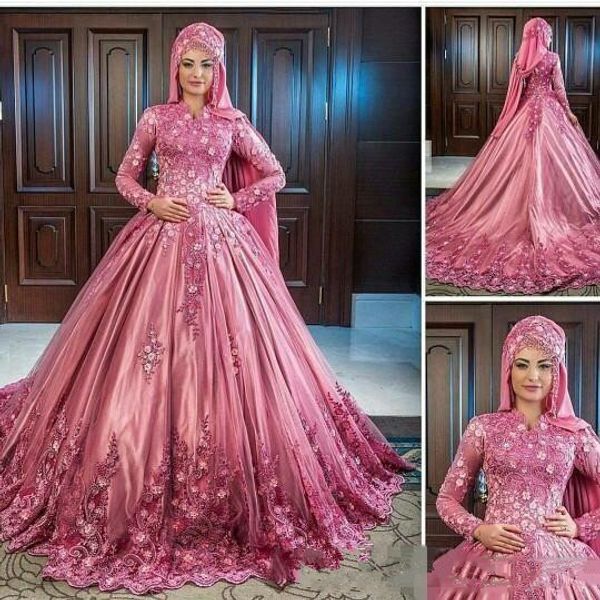 

muslim luxurious hand made flower lace applique high collar long sleeves satin wedding dresses elegant classic bridal gowns, White