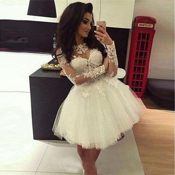 

2020 white ball gown homecoming dresses long sleeves sheer neck sweet 16 dresses pageant prom dresses mini short graduation dress