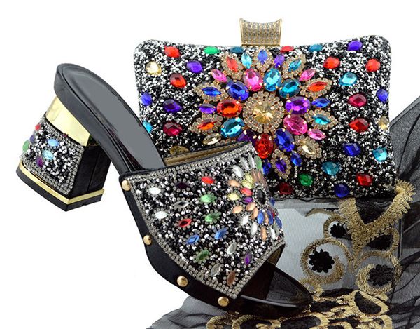 

black african women shoes matching set with crystal design and black color bag for dress fgt004