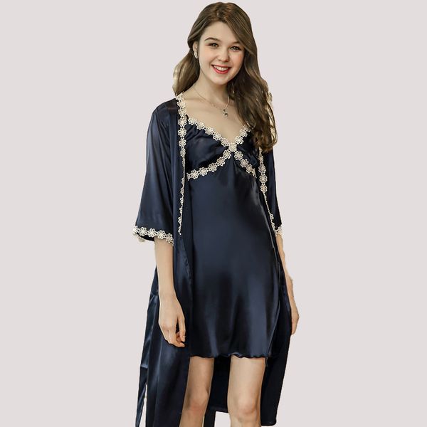 

new elegant women's robe sets mini nightwear indoor sleepwear silk feel bath robe and night gown set vestidos wp691, Black;red