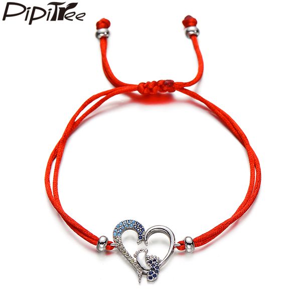 

pipitree romantic copper cubic zirconia heart bracelet with double feet red string charm bracelets for women lovers jewelry gift, Golden;silver