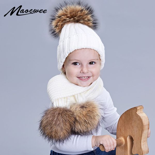 

2pcs girl boy pom pom beanie hat cap warm knitted bobble nature fur pompom hat scarf sets kids baby children winter hats