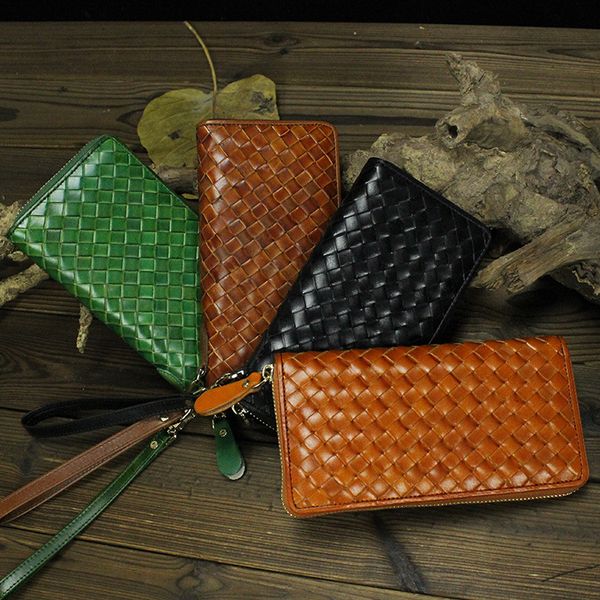 

new 2018 men's long wallet genuine leather vintage hand weaving cowhide real leather wallets cowhide purse, Red;black