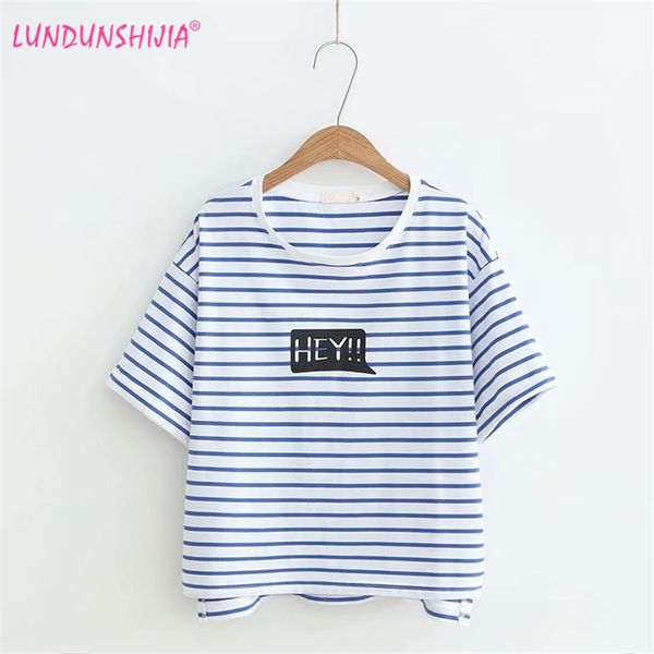 

lundunshijia women t-shirts blue stripe letters printed o-neck short sleeve cozy loose 2018 summer female t-shirt, White