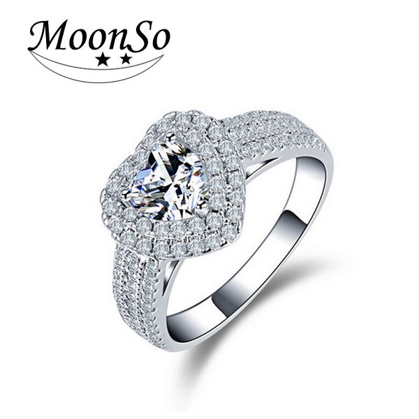 

whole salemoonso new arrival 925 real silver heart shaped engagement rings for women bague bijoux promise rings jewelry r1505, Golden;silver