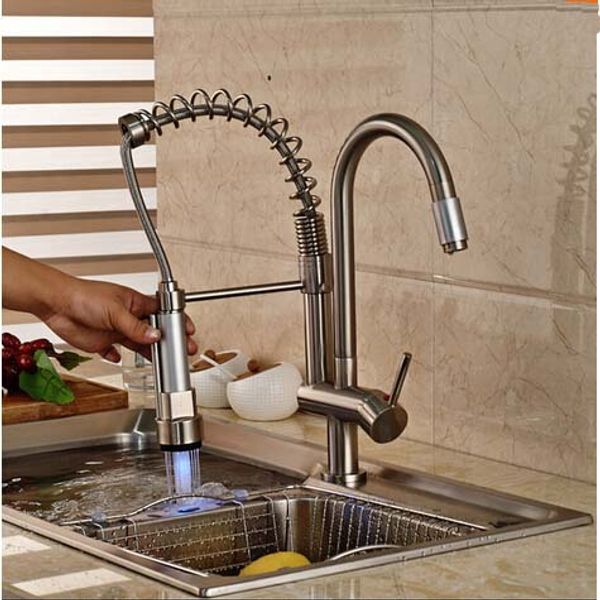

led color changing nickel brushed kitchen faucet double sprayer spring vessel sink mixer tap