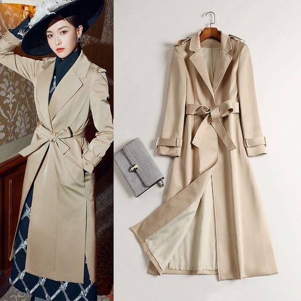 

autumn star style turn-down collar single button outer garment medium style adjustable waist fashion all matched dust coat, Tan;black