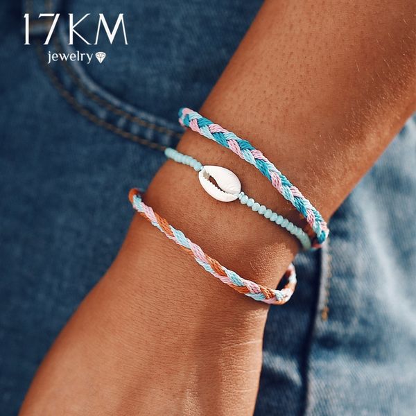 

17km boho multi layered beach cowrie shell charm bracelet 3pcs/set handmade woven rope string friendship bracelets for women, Golden;silver