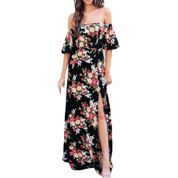 

charming womens maxi long dress off shoulder flower print short sleeve casual fashion split summer beach dresses, White;black