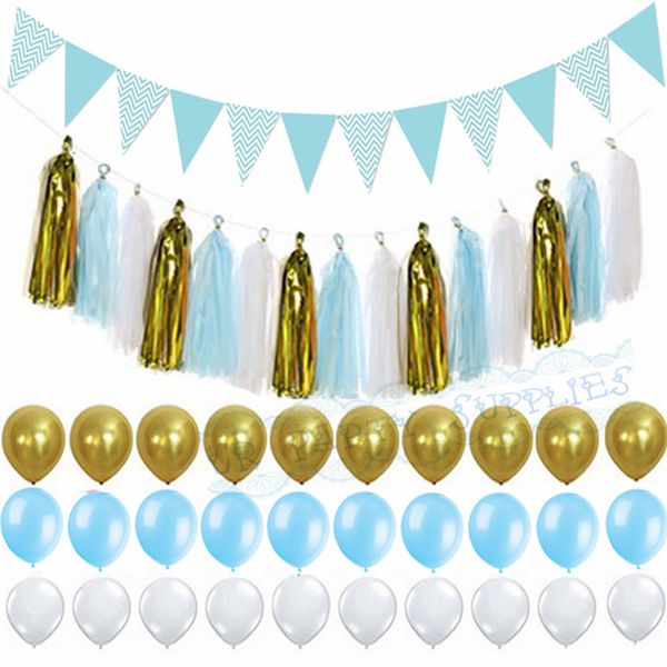 2019 Light Blue Gold Paper Tassel Garland Flag Banner Birthday