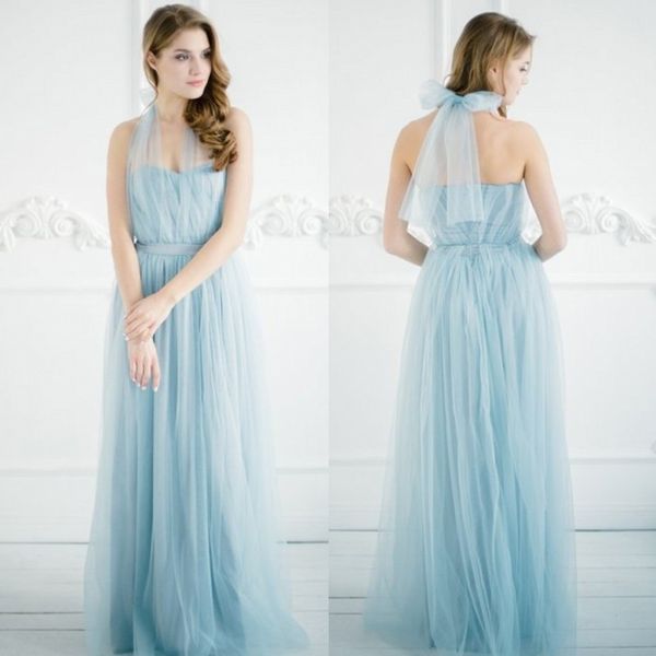 

light sky blue country bridesmaids dresses halter neck pleated wedding guest dress floor length tulle plus size maid of honor gowns, White;pink