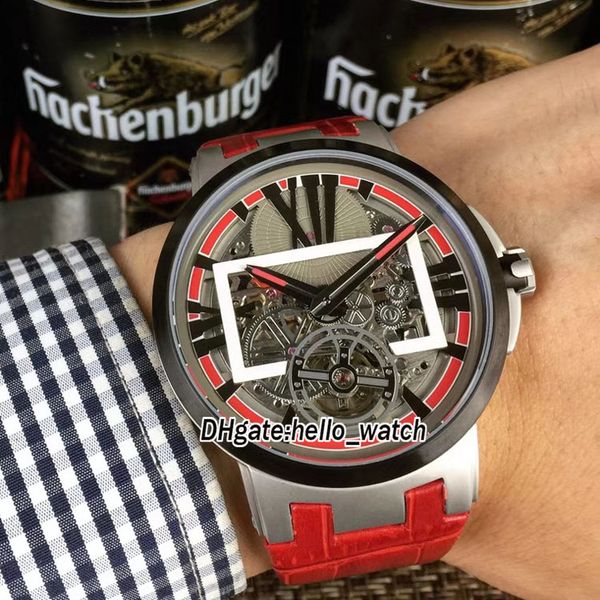 

limited executive 1713-139 skeletontourbillon 1713-139/bq gray skeleton dial automatic mens watch red leather strap new sport watches, Slivery;brown