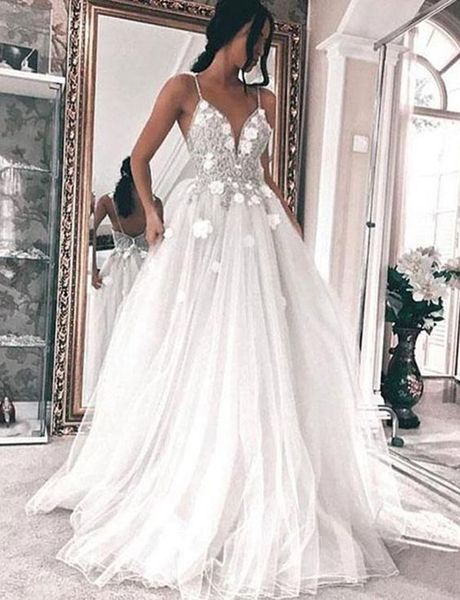 

deep v-neck backless wedding dresses spaghetti straps with hand made flowers appliques beads long wedding dress vestido de noiva, White