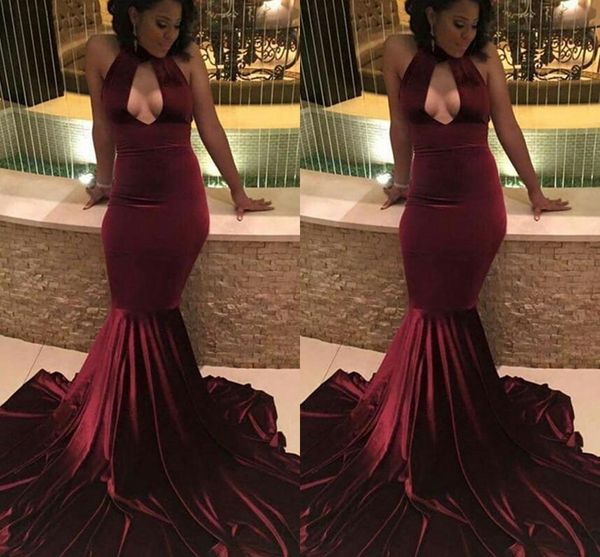 

сексуальная бургундия бархат африканская знаменитость пром платья холтер русалка рукавов развертки поезд длинные вечерние платья, Black