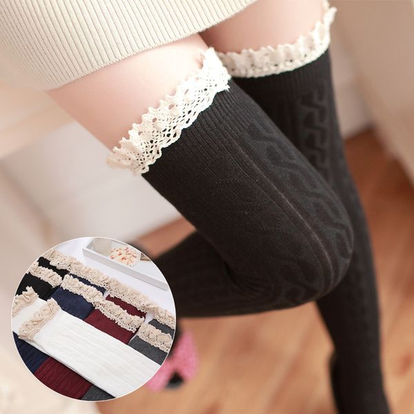 

5 colors thigh high socks girls stockings lace winter warm socks women stocking medias pantyhose stockings knee high, Black;white