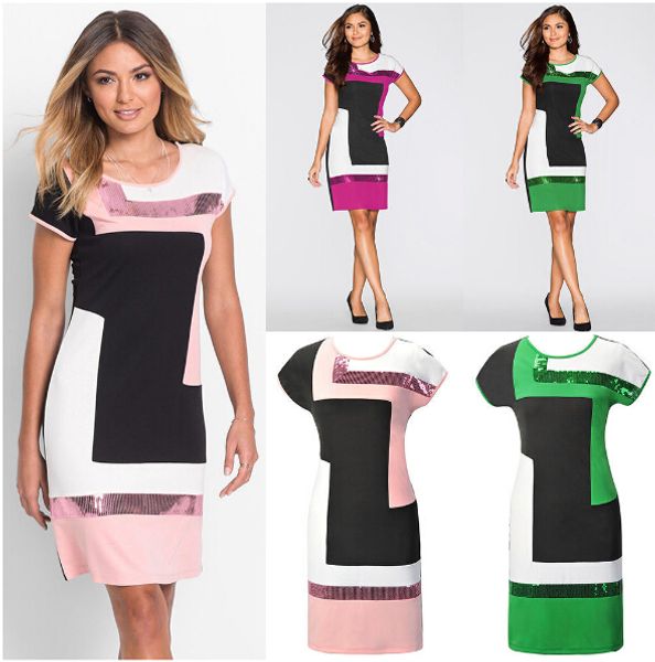

Women Working Dress Sequins Panelled Short Sleeved Dress Party Fashion Dresses