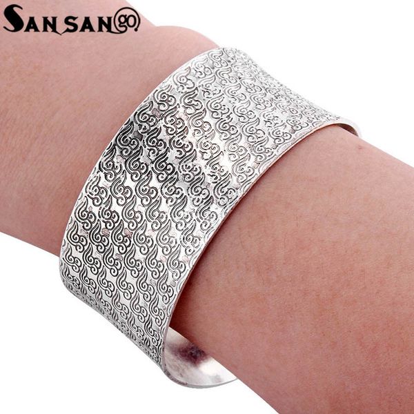 

new fashion ethnic style engraved pattern tibetan silver cuff bangles trendy alloy wide opening bracelet jewelry for women gift, Black
