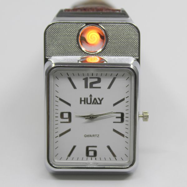 

promotion price usb rechargable windproof flameless cigarette lighter watch date clock quartz wristwatches, Slivery;brown