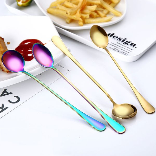 

classic luxury long handled stainless steel rainbow & gold spoon coffee soup icecream dessert spoons home kitchen tableware