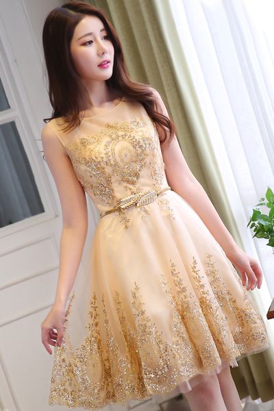 Neue Tulle Lace Gold Cocktailkleid 2018 kurz Mutter der Braut Kleider Formal Prom Kleider Hochzeitsgesellschaft Vestidos de Coctel