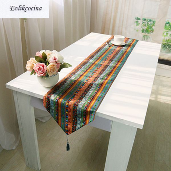 

blue national style table runner linen cotton corredor de mesa tafelloper met kwastje caminos tafel loper chemin