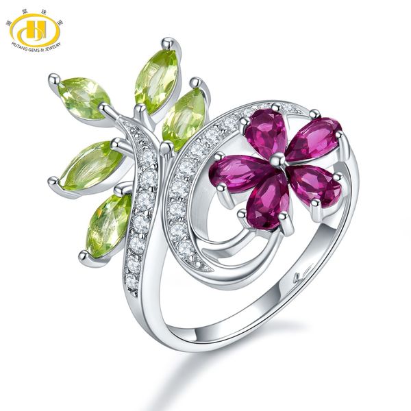 

hutang natural gemstone garnet peridot silver flower wedding ring solid 925 sterling fine fashion stone jewelry for women's gift, Golden;silver