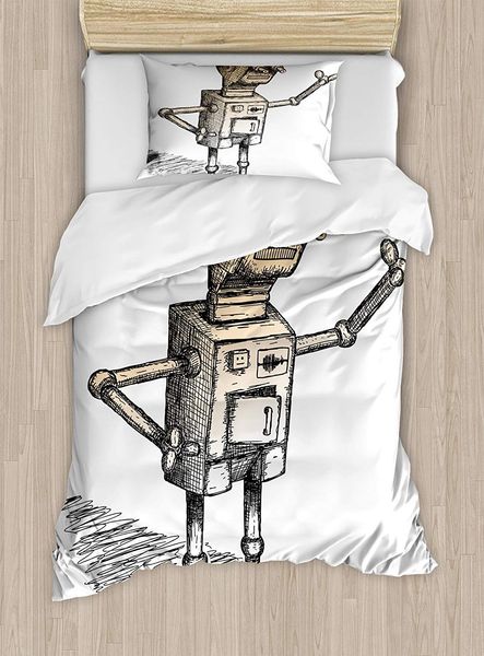 Fantasy Duvet Cover Set Hand Drawn Theme Of Robot Sketch