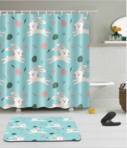

christmas happy new year rabbit bathroom waterproof fabric shower curtain polyester 12 hooks bath accessory sets floor mats with hooks