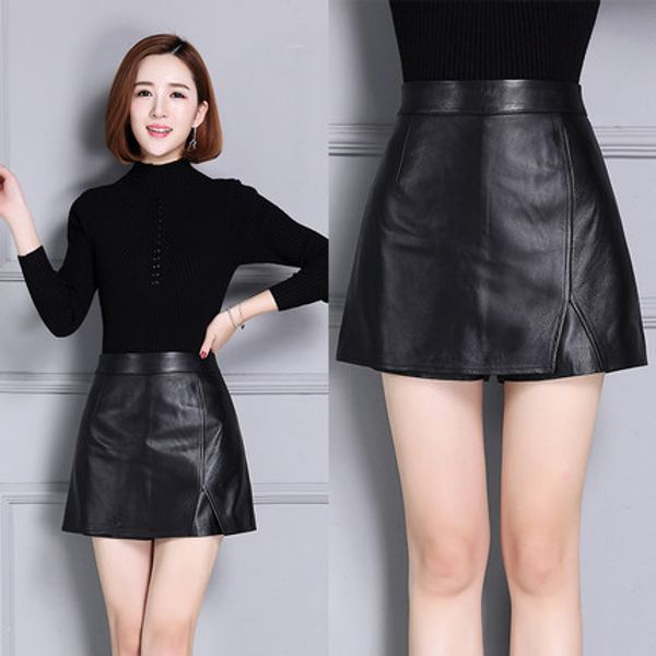 

2019 women fashion genuine sheepskin leather skirt k40, Black