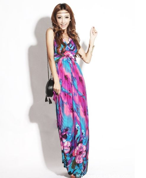 

summer bohemian long floral dress ice silk halter neck 6xl plus size maxi dresses 2020 backless women beach boho vestidos, Black;gray