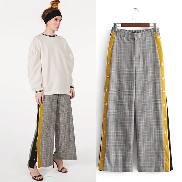 

junelove new streetwear wind high elastic waist plaid side stripe split hitting scene wide-legged pants women's trousers, Black;white