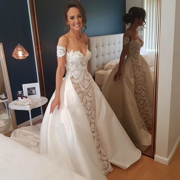 

amazing lace and satin wedding dresses 2019 cap sleeves mermaid bridal gowns custom made overskirts sweep train wedding vestidos, White
