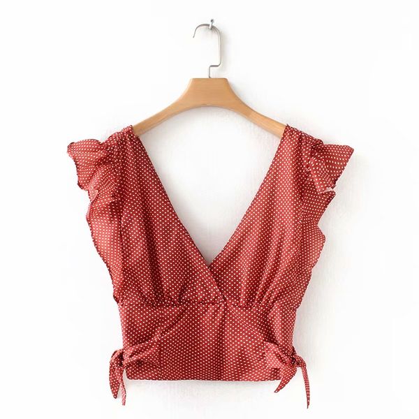 

2018 fashion new wave point v collar ruffle short paragraph white vest