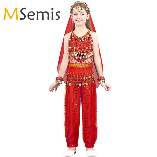 

teen girls india belly dancing costumes girl halloween cosplay party ballet dress halter with pants headwear waist chain set, Black;red