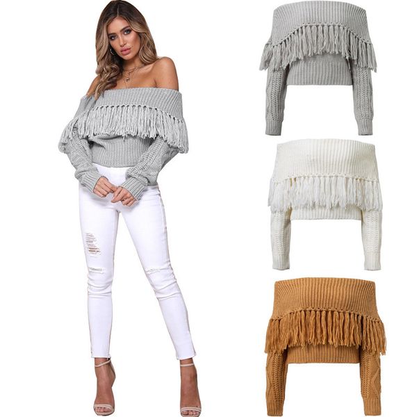 

2018 осень женская мода bodycon трикотаж растениеводство топ сексуальный голый живот с плеча с длинным рукавом кисти свитер трикотаж, White;black