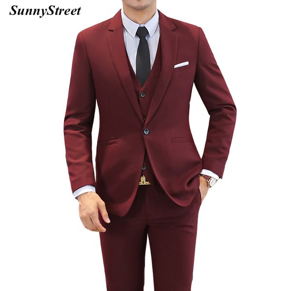 

men's suit business jacket vest pant 3 piece set wine colour formal wear, White;black