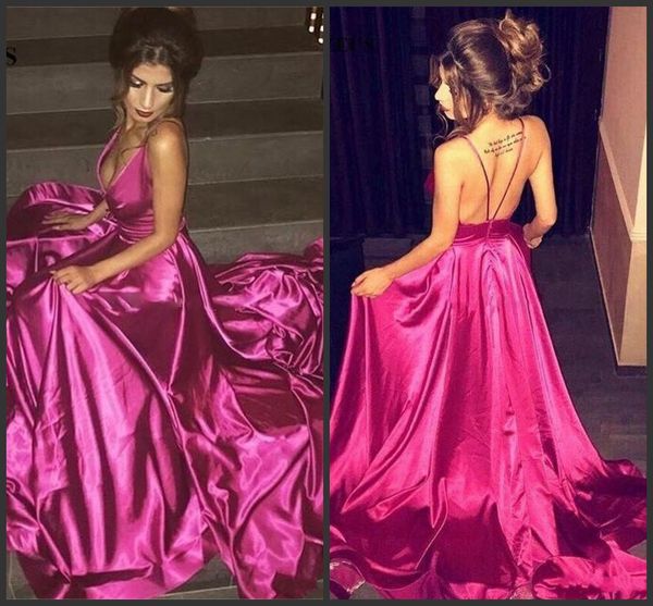 

2019 новый fushia глубокий v-образным вырезом выпускные платья сексуальные спагетти спинки вечерние платья атласная поезд sweep формальное в, Black