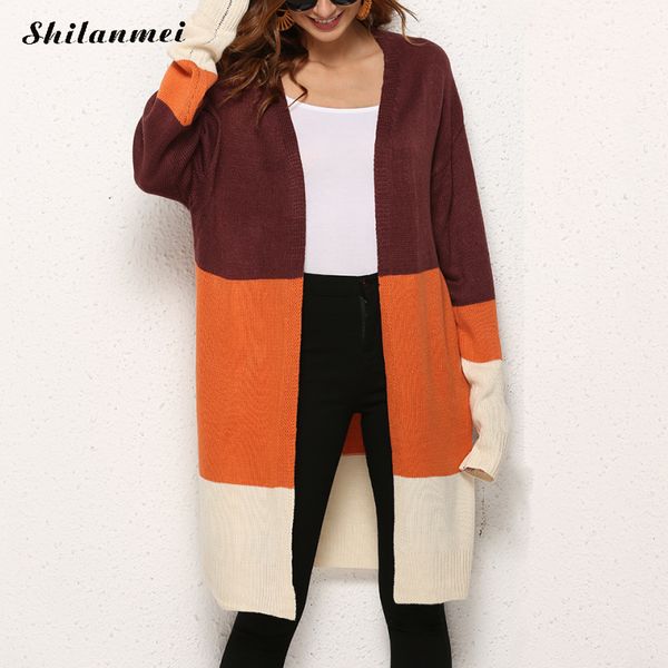 

2018 fashion long sleeve autumn sweater knitted long cardigan causal loose patchwork women sweater coat female knitwear jacket, White;black