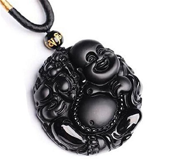 

5pcs/lot obsidian stone lucky happy maitreya buddha talisman pendant women men's amulet lucky jades jewelry pendants+rope, Black