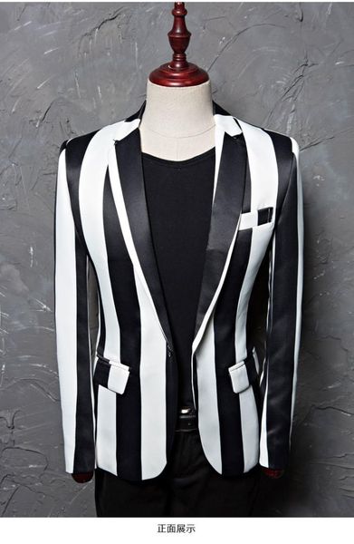

brand m-5xl new tide men black white zebra stripe blazer male stage wear masculino slim fit fashion casual suit jacket, White;black