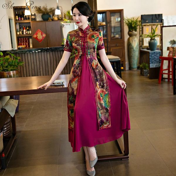 

spring aodai vietnam long cheongsam dress for women traditional clothing ao dai dresses oriental dress for women q233, Red