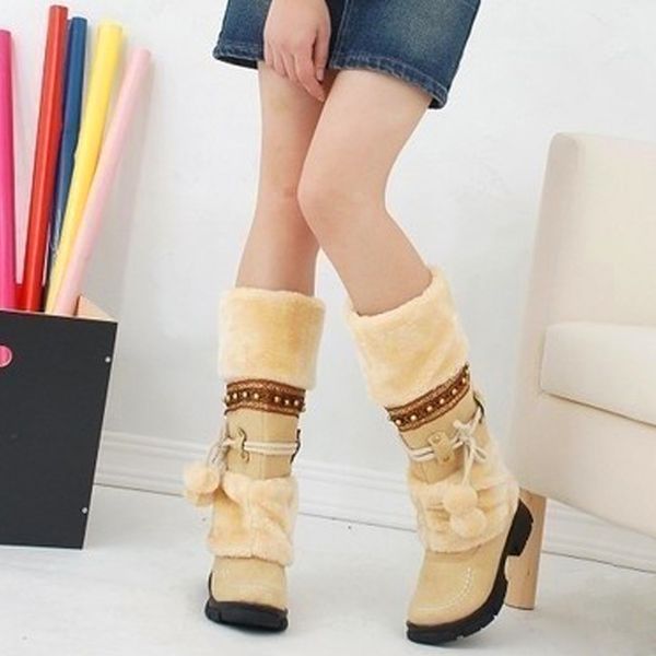 

women suede hairball round toe square heel shoes keep warm slip-on snow boots lady winter lady snow boots fashion classic hot, Black
