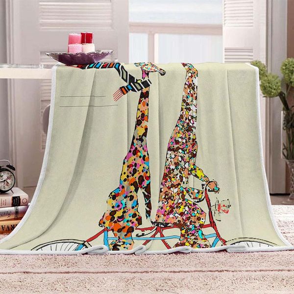 

european style hd 3d printed cartoon riding bicycle lovers giraffes soft sherpa flannel blanket bedspread on sofa bed seat/m2021