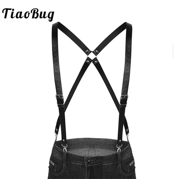 

tiaobug black imitation leather double shoulders braces straps men adjustable suspender men's harness belt with buckles clasps, Black;white