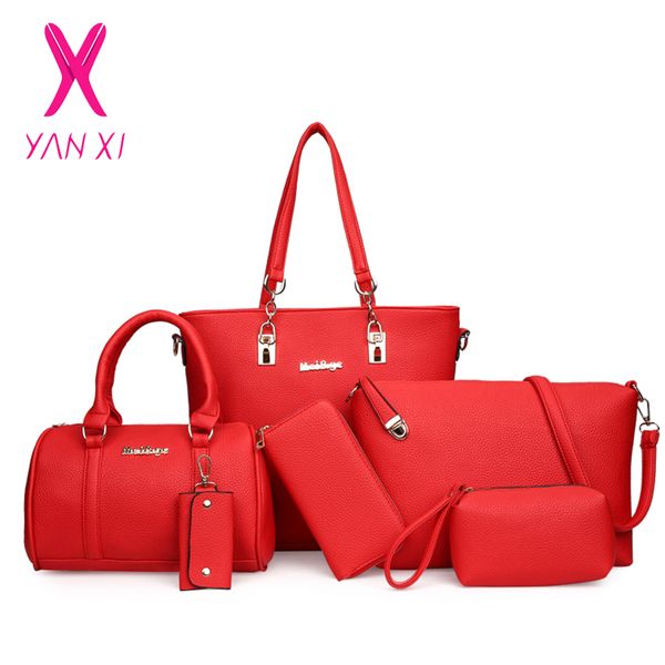 

6 pcs/set pu leather handbags women rosy bag set brands shoulder bag handle crossbody bags clutch womens'pouch 5 colors