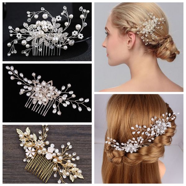 

golden leaf bride interposing comb hand made pear fashion classic hair combs, Golden;white