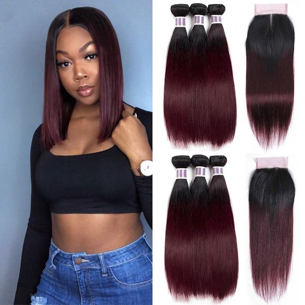 2020 Straight 1b 99j Red Wine Ombre Human Hair Weaves 4x4 Middle