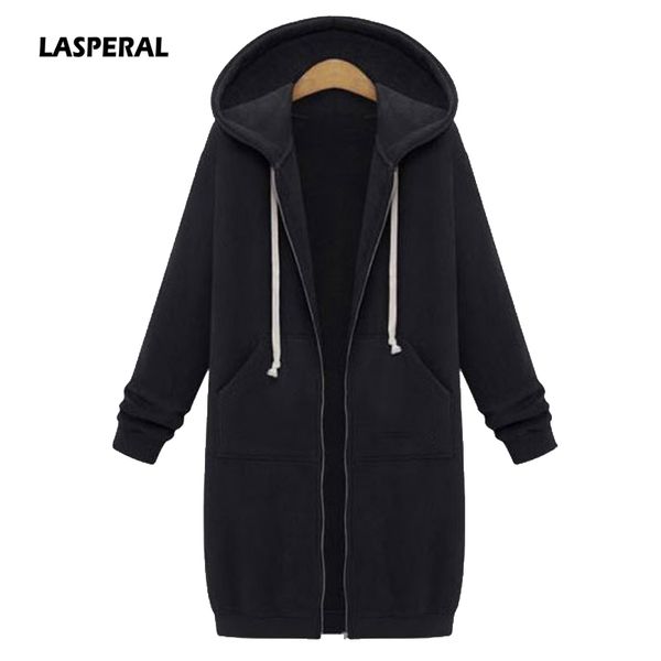

wholesale- lasperal 2017 autumn winter long hooded hoodie women oversized casual slim sweatshirt coat pocket zip up outerwear plus size 5xl, Black