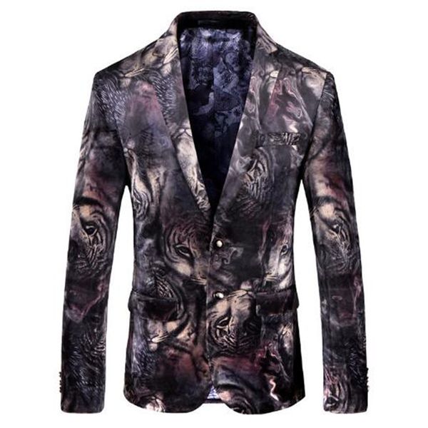 

2018 new fashion tiger printing business suit suit casual personality stage wedding groom man jacket single, White;black